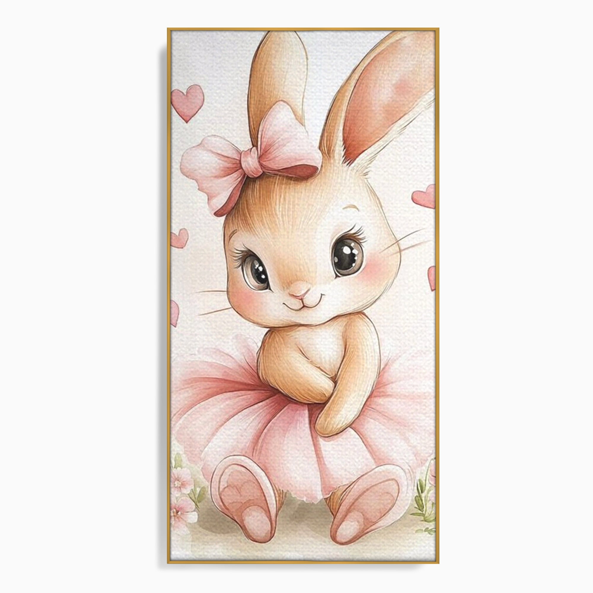 Tablou canvas cu ilustratie cu iepuras balerina, in rama de aluminiu auriu